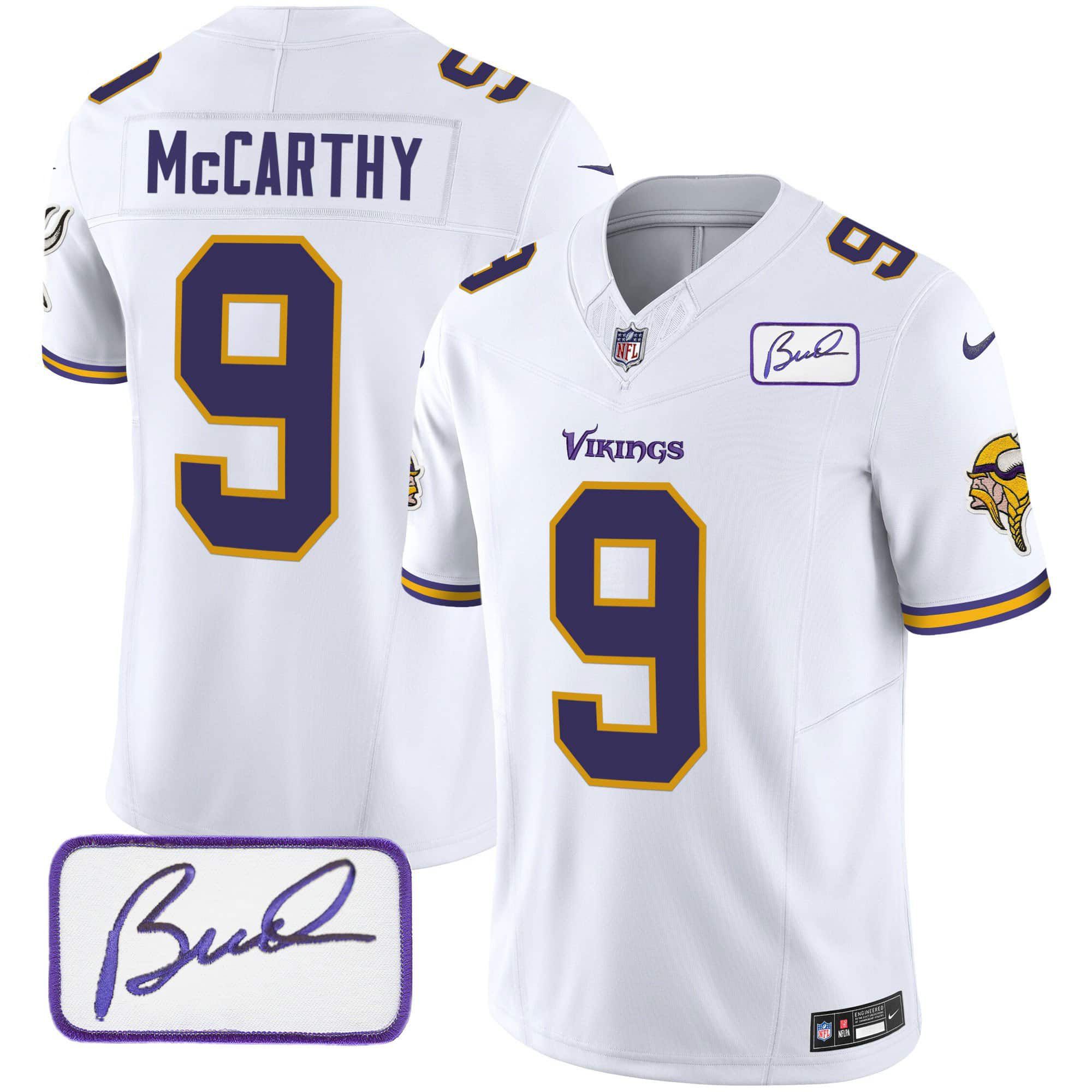 Men Minnesota Vikings #9 Mccarthy White 2024 Nike Bud Grant Patch Classic Limited NFL Jersey->customized nfl jersey->Custom Jersey